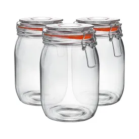 1L Glass Storage Jars   Four Free Coloured Seals Per Jar - Pack of Three