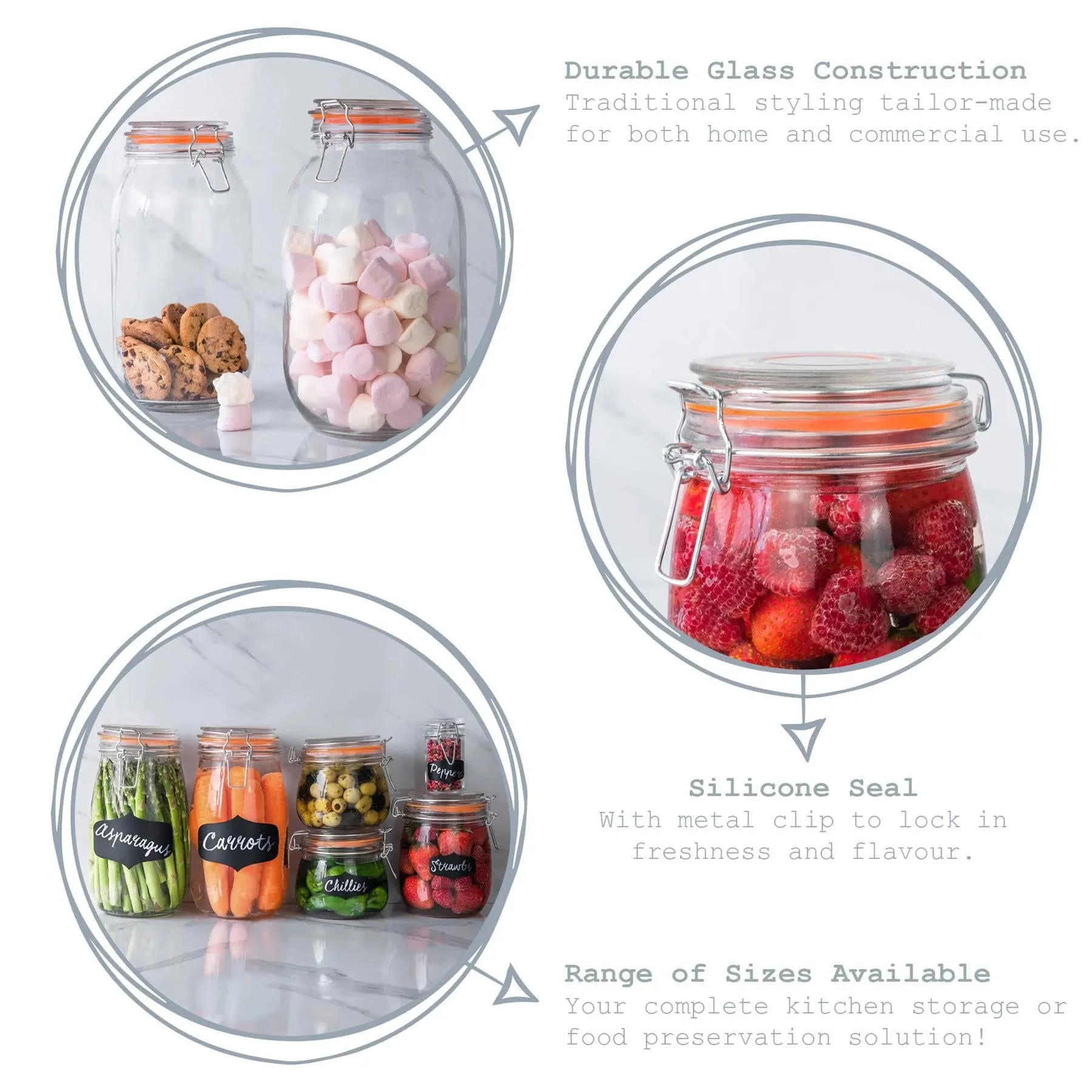 1L Glass Storage Jars   Four Free Coloured Seals Per Jar - Pack of Three