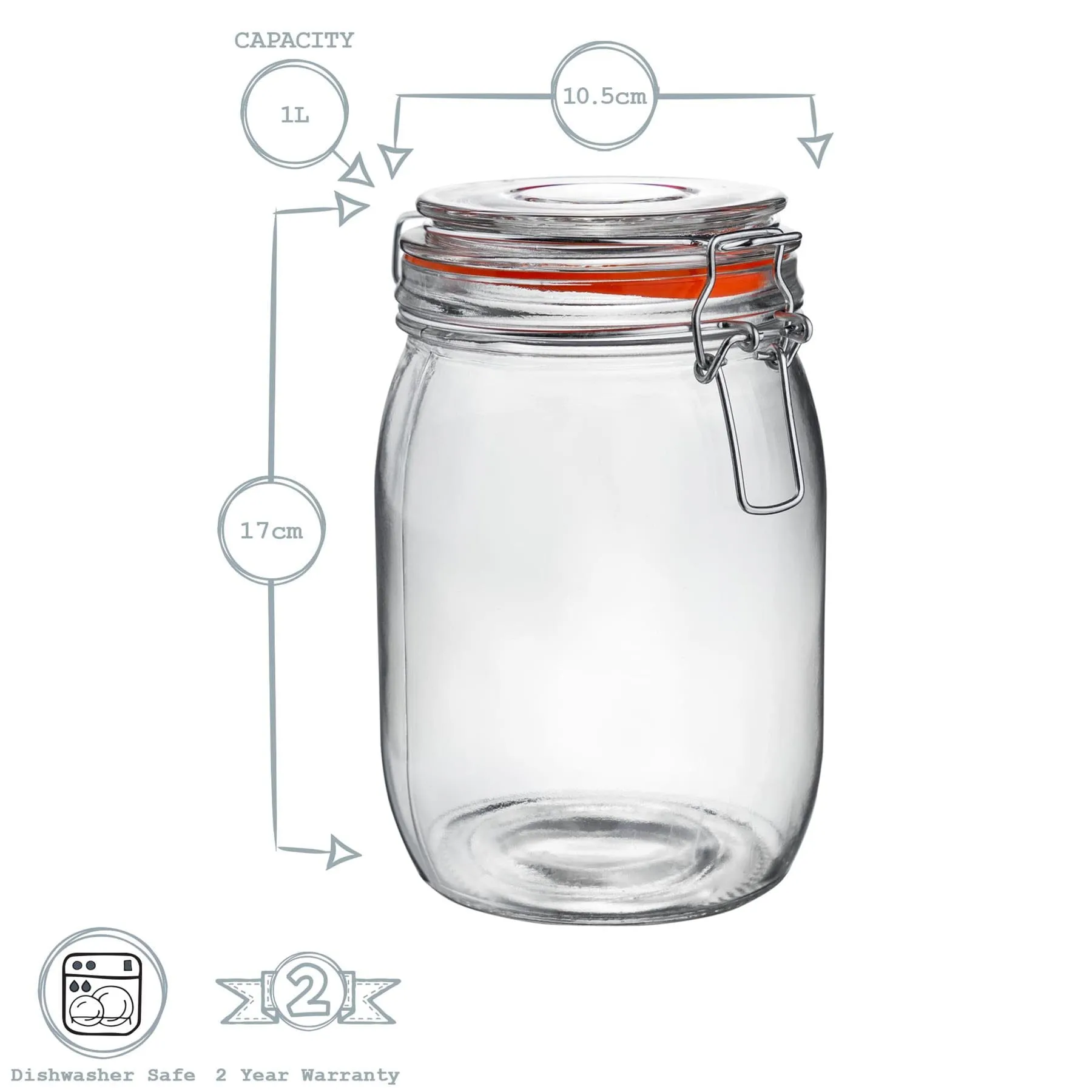 1L Glass Storage Jars   Four Free Coloured Seals Per Jar - Pack of Three