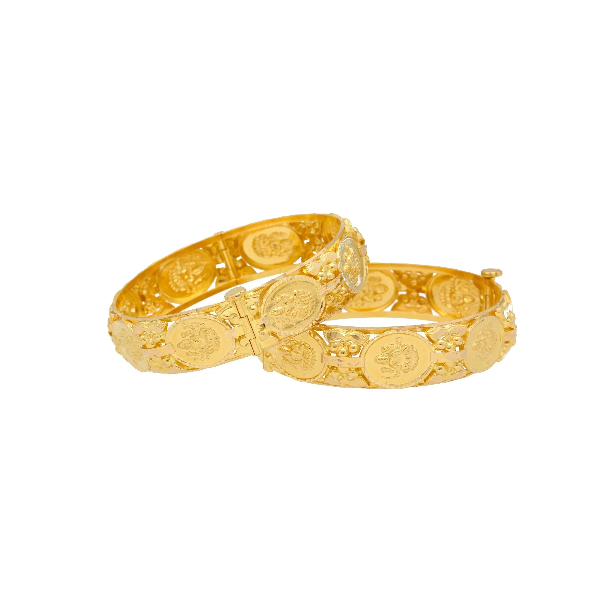 22K Gold Kasu Lakshmi Set of 2 Bangles W/ Open up Screw, 49gm