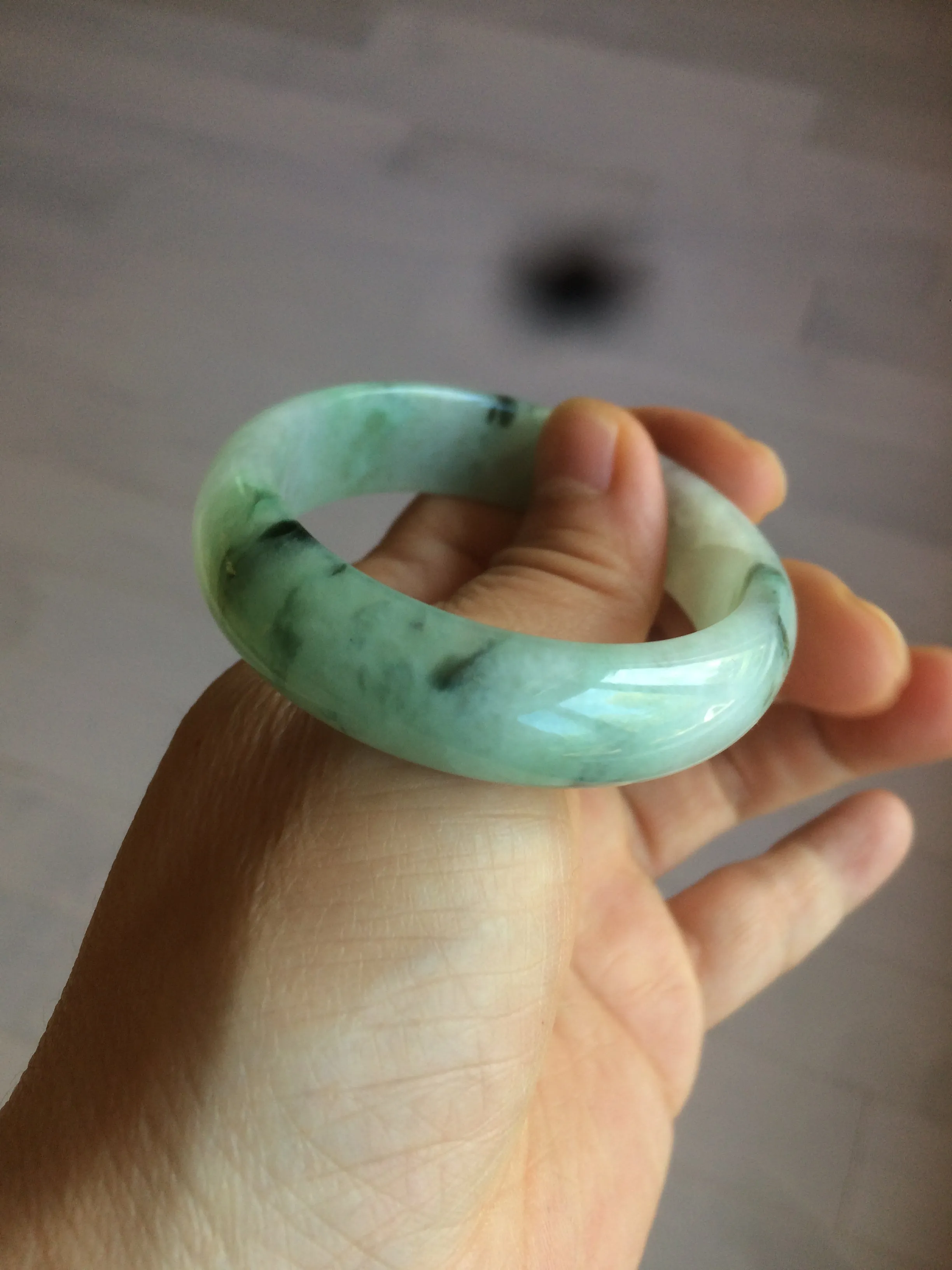 48.5mm Certified Type A 100% Natural icy light green/white oval Jadeite Jade bangle K101-1696