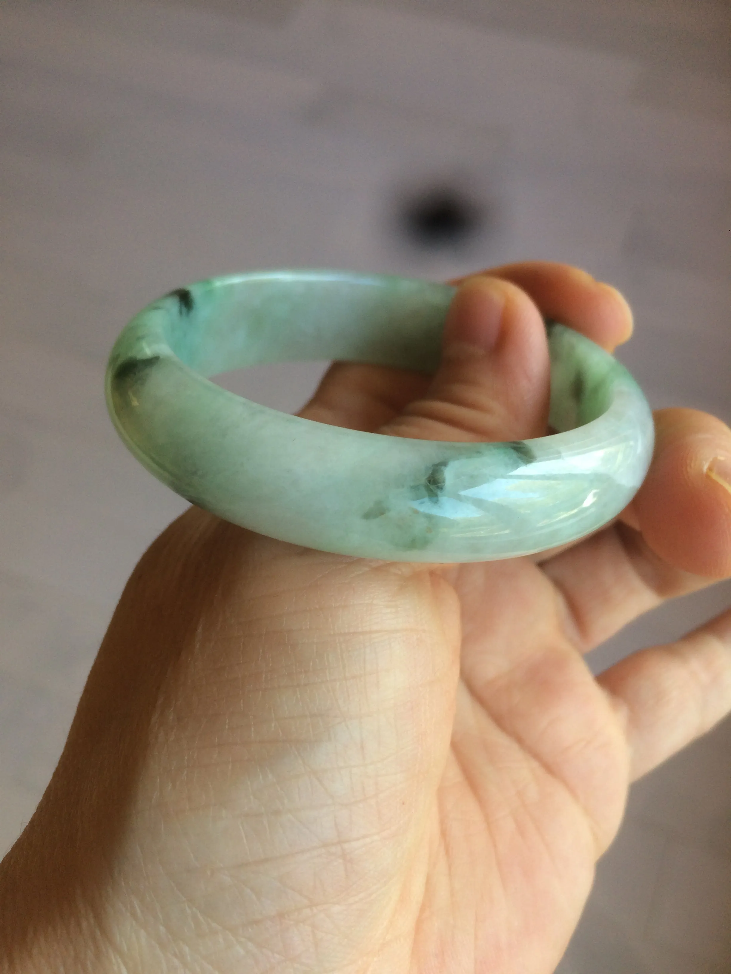 48.5mm Certified Type A 100% Natural icy light green/white oval Jadeite Jade bangle K101-1696