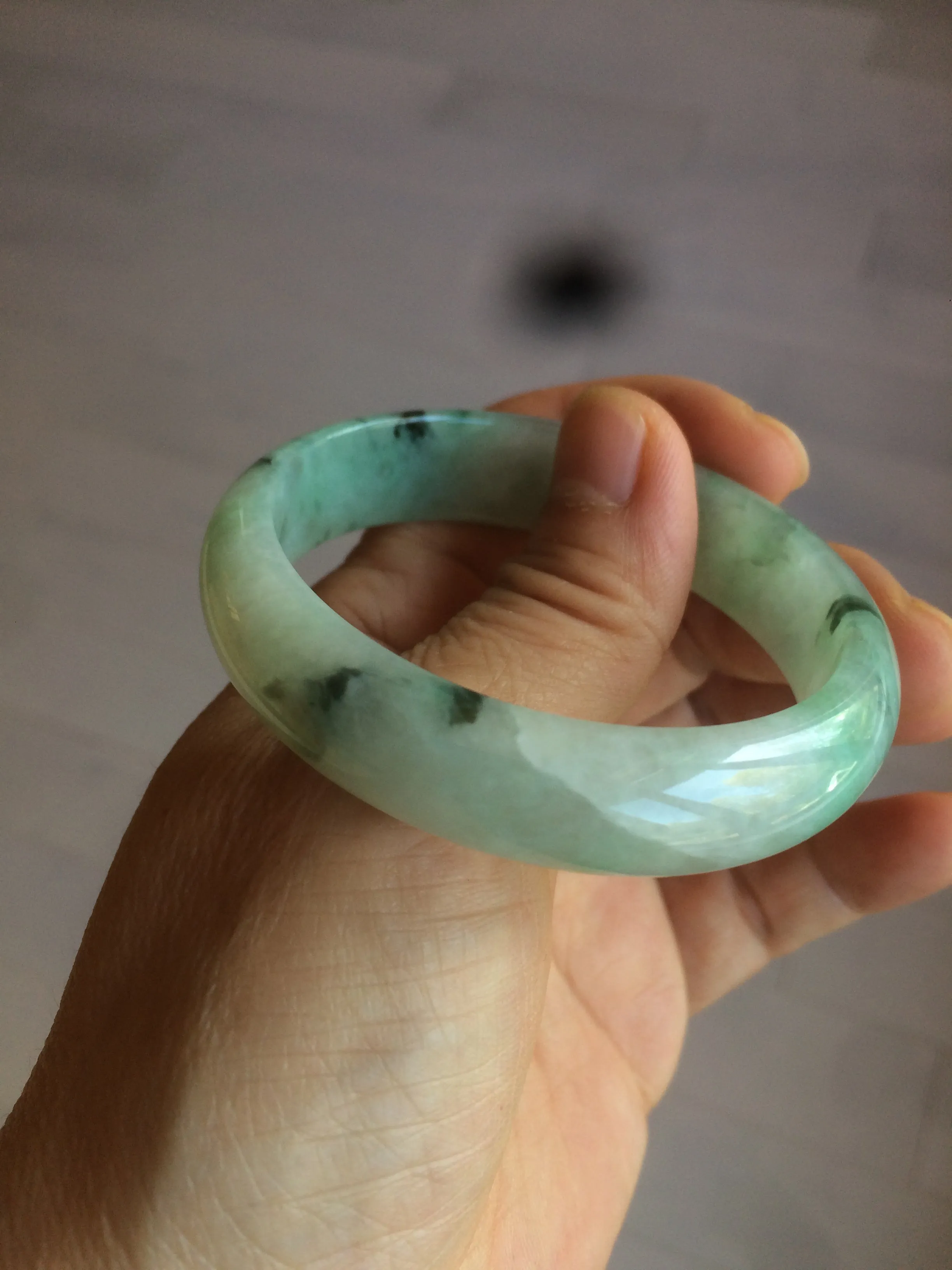 48.5mm Certified Type A 100% Natural icy light green/white oval Jadeite Jade bangle K101-1696