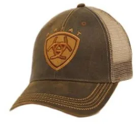 Ariat Men's Oil Skin Golden Logo Trucker Cap in Brown/Tan