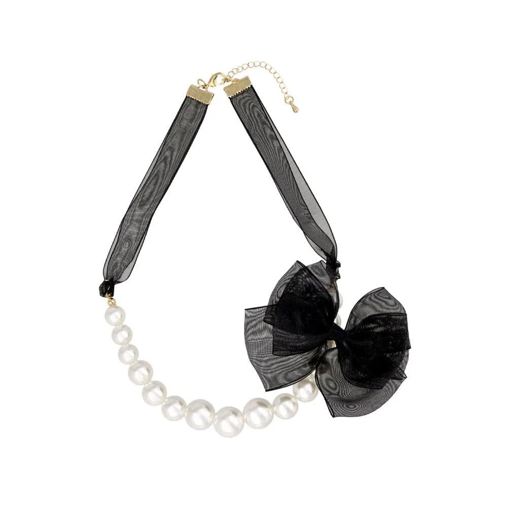 Big Side Bow Pearl Chain Necklace