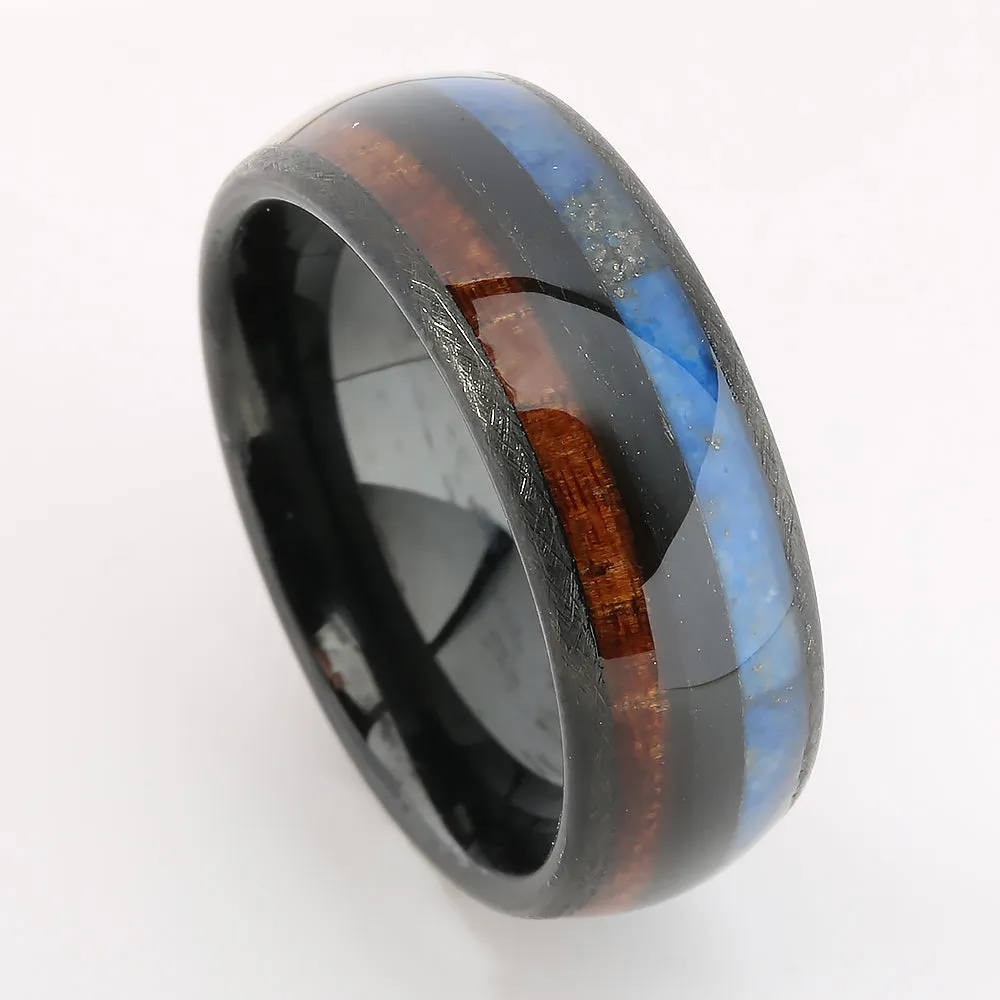 Black Tungsten Hawaiian Koa Wood and Lapis Lazuli Inlaid Double Row Oval Wedding Ring 8mm