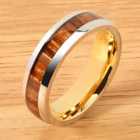 Cobalt Two-Tone Yellow Gold Plated Curly Koa Wood Oval Wedding Ring 6mm