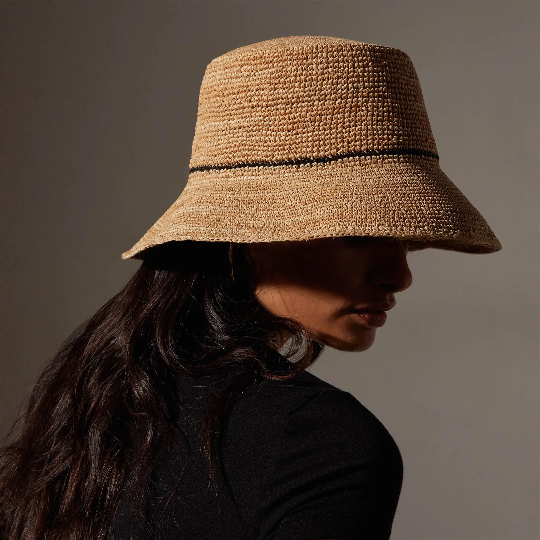 Crochet Bucket Hat with Black Stripe - Natural/Black Stripe