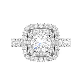 Double Halo Cushion Diamond Engagement Ring 18K White Gold