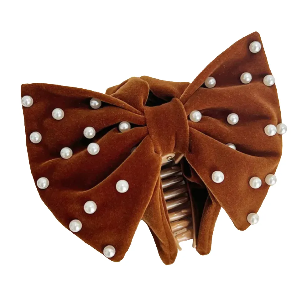 'Eva' Velvet Tan Bow Claw Clip with Pearls