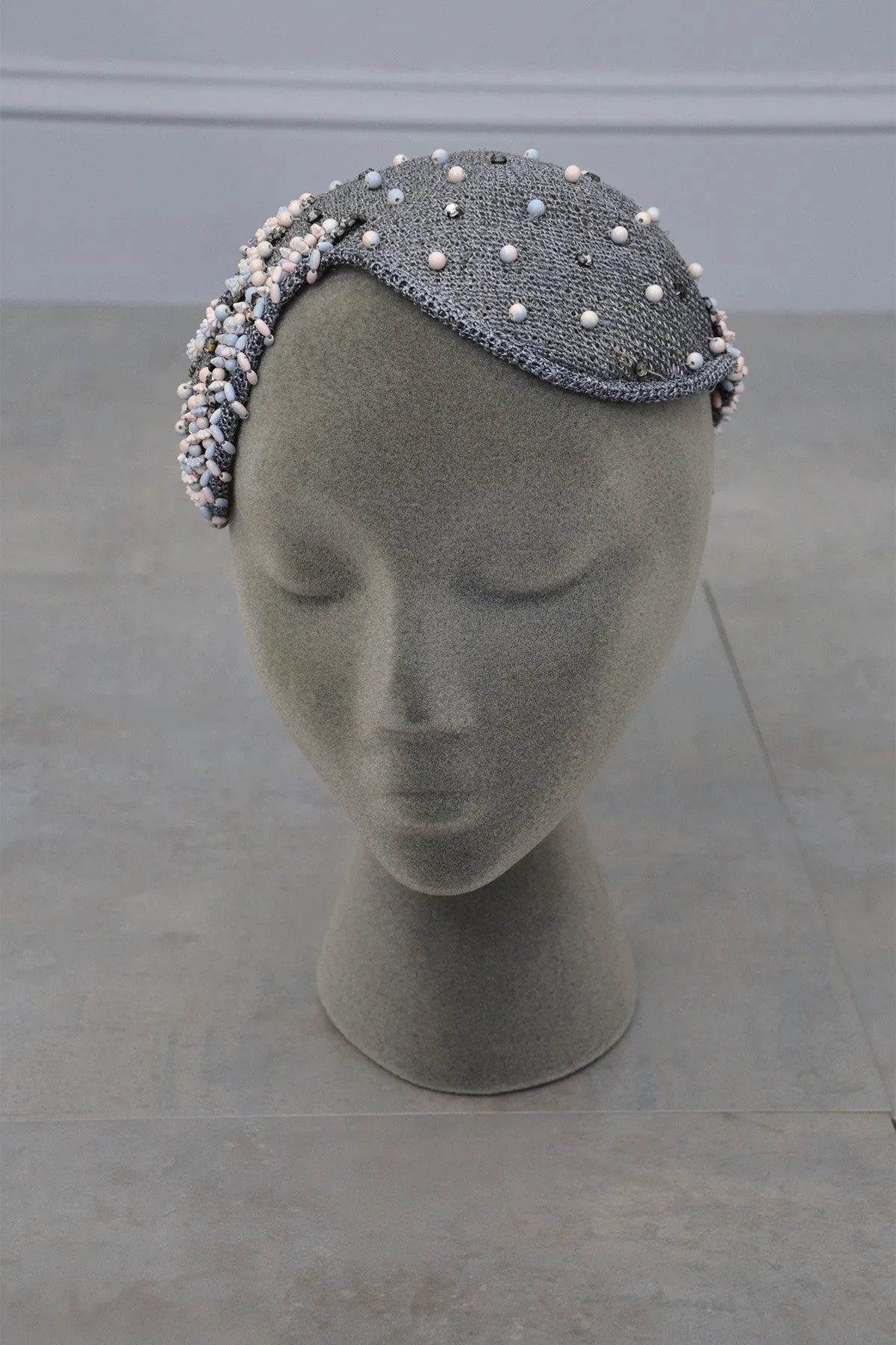 Grey woven and beaded vintage hat fascinator