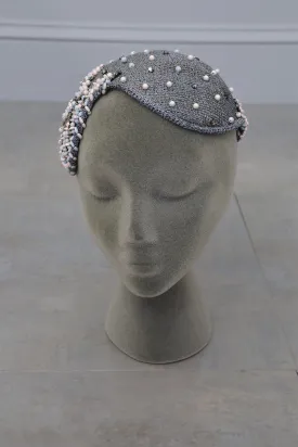 Grey woven and beaded vintage hat fascinator