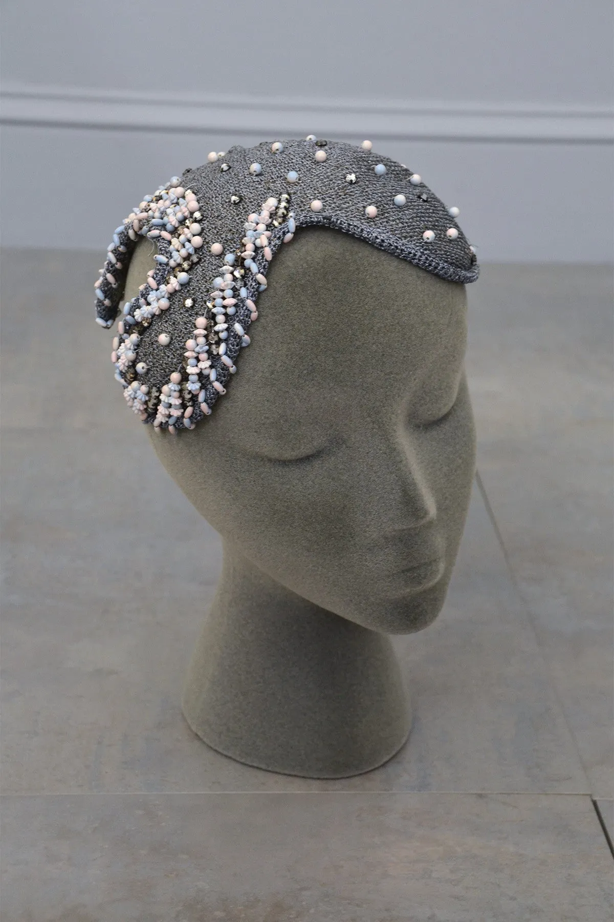 Grey woven and beaded vintage hat fascinator