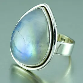 Large Rainbow Moonstone Pear Shape Silver Ring