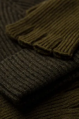 Olive Ribbed Cashmere Beanie & Fingerless Gloves