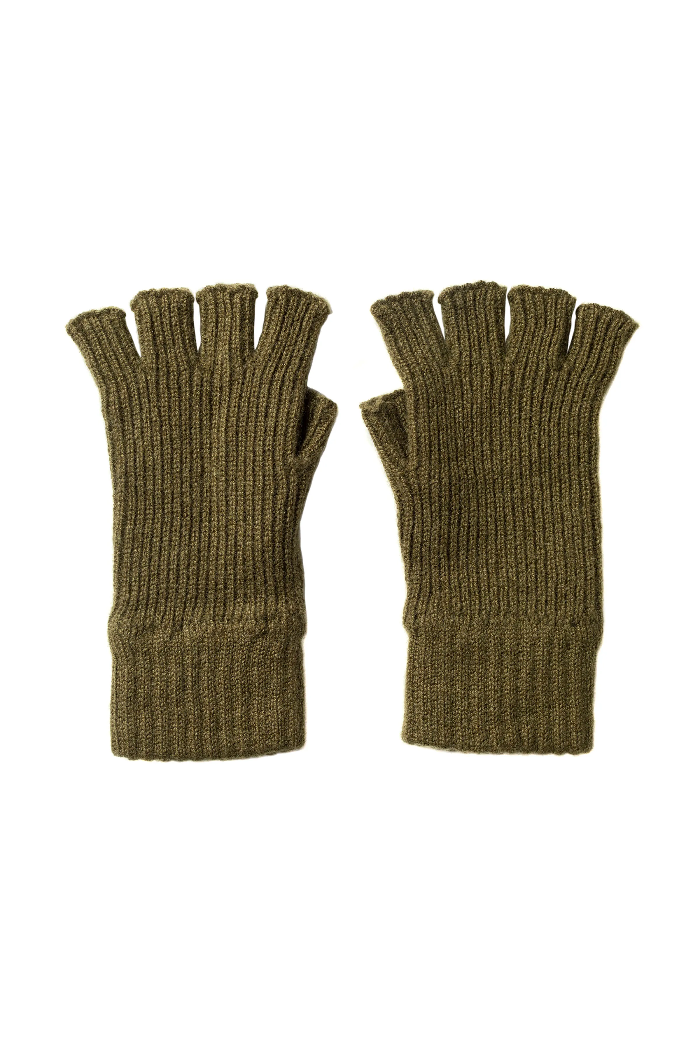 Olive Ribbed Cashmere Beanie & Fingerless Gloves