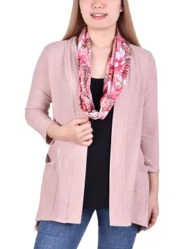 Petite Cardigan With Inset And Detachable Printed Scarf