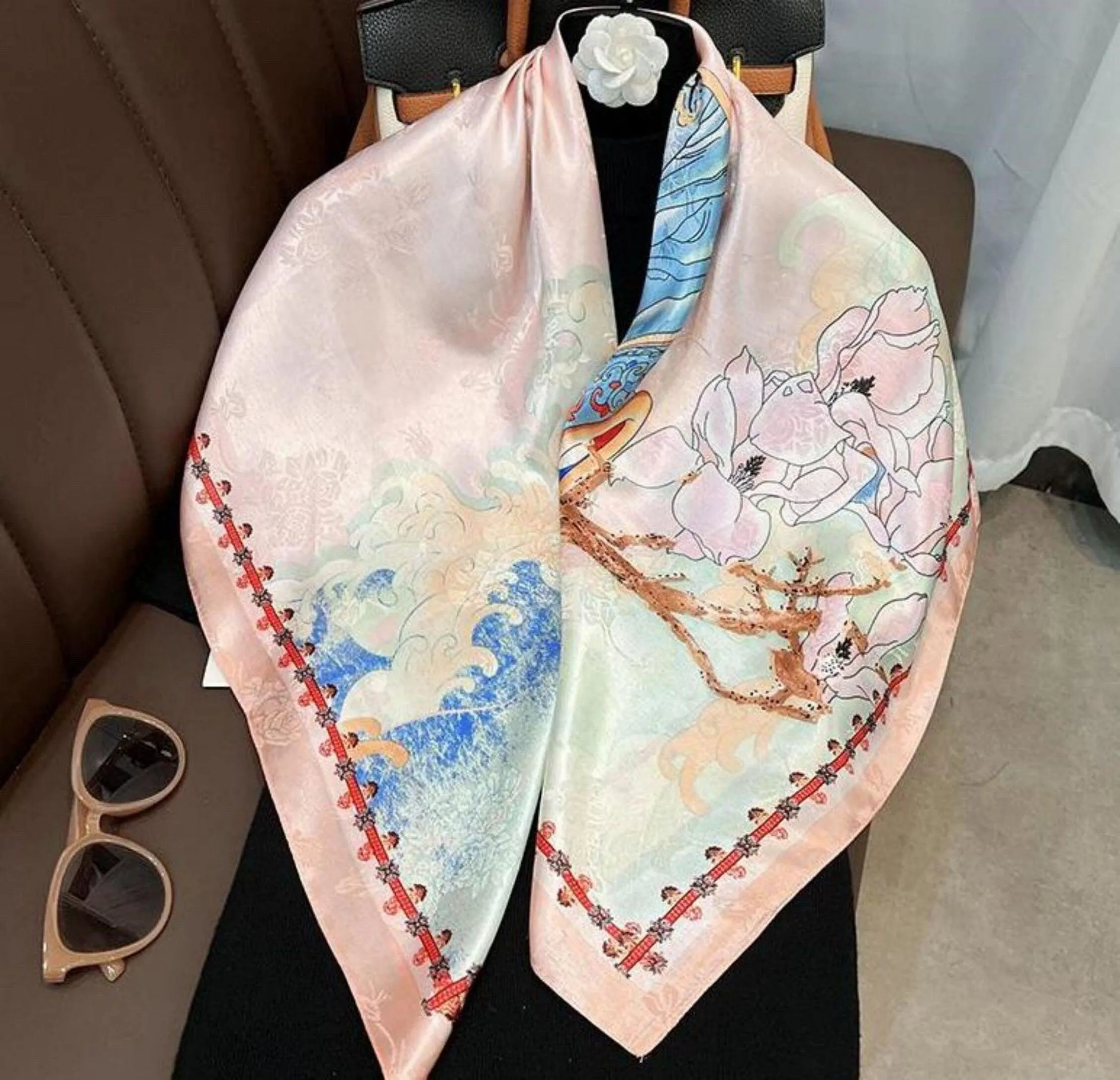 Pink Flora Chic Large Satin Scarf | 90x90cm Bandana | Twill Satin Shawl | Perfect Gift for Her, Mother's Day