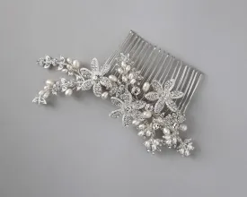 Silver Flower and Pearl Bridal Comb