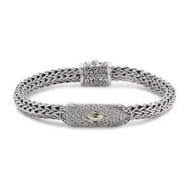 SS/18K 7MM WOVEN CHAIN BAR BRACELET W/ PAVE WHITE TOPAZ