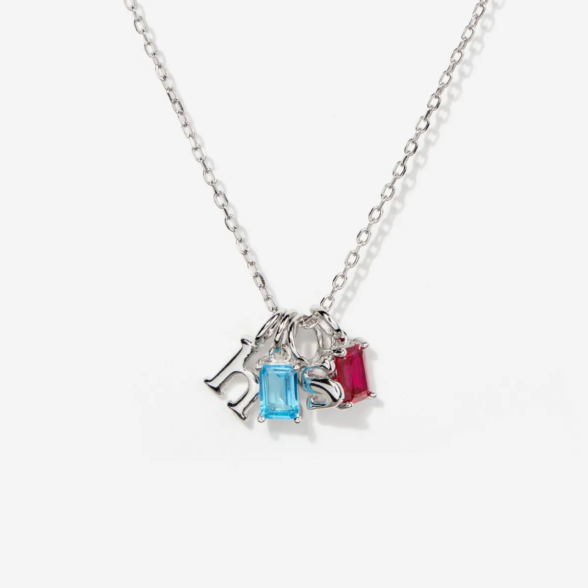 Two Birthstone Two Initial Silver Necklace