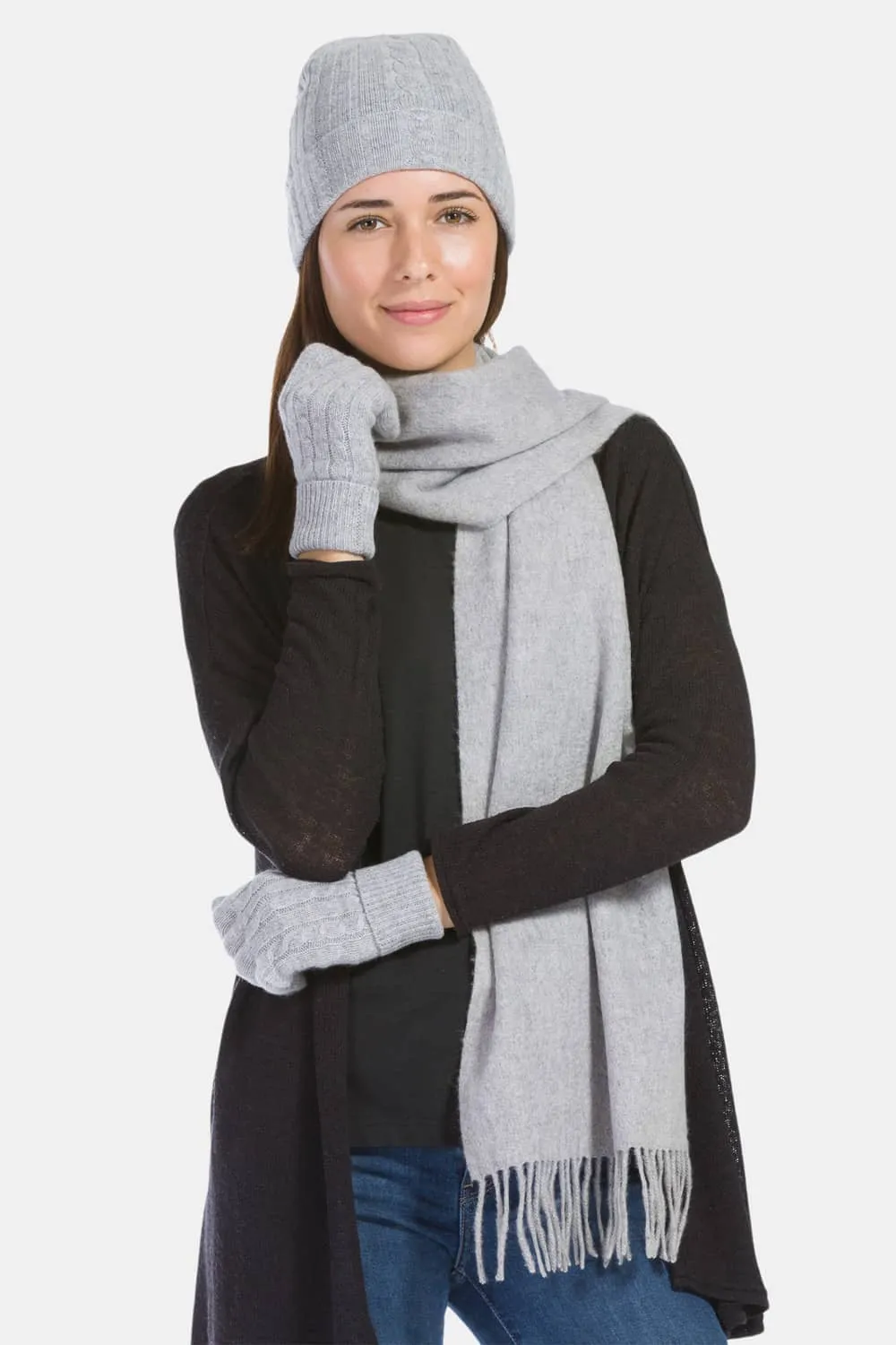 Women's 3pc 100% Pure Cashmere Cable Knit Hat, Glove & Woven Scarf Set with Gift Box